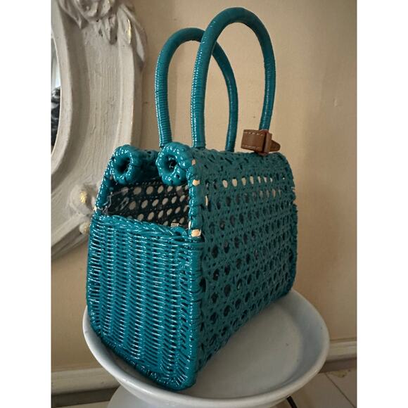 SERPUI Wicker Rattan Bamboo top Handle Bag Natural Raffia blue turquoise mini - Picture 1 of 16